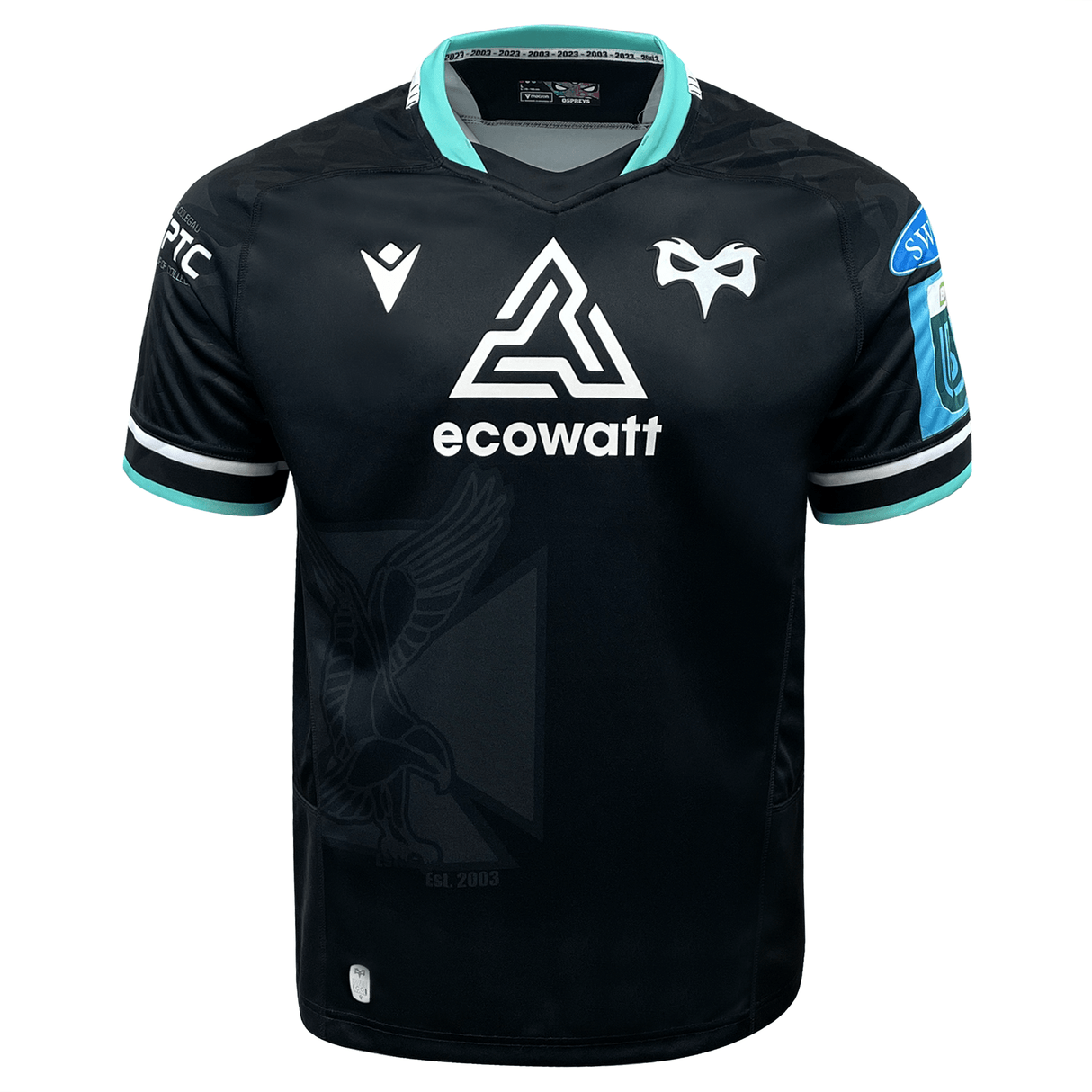 The Ospreys Home Jersey 23/24 by Macron is a black rugby jersey with teal and white accents, featuring logos from Ecowatt and other sponsors. Crafted from high-tech fabric, this athletic-fit shirt boasts a large triangular graphic on the chest and a bird emblem on the left side for peak performance.