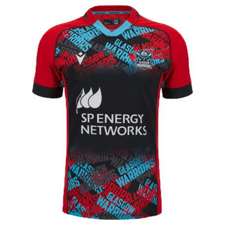 A Macron Glasgow Warriors Training Jersey 23/24 with sponsor logos, team graphics, and a slim fit design.