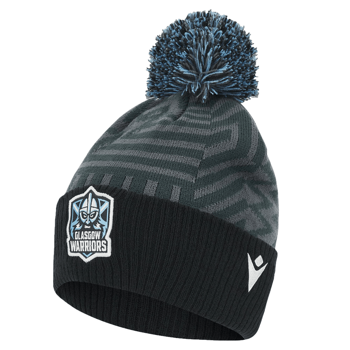 A black and gray striped polyester beanie with a blue pom-pom, featuring a Glasgow Warriors Beanie 23/24 logo and a Macron swoosh on the fold.