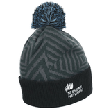 Glasgow Warriors Beanie 23/24 by Macron in dark gray with a blue pom-pom, featuring zigzag patterns and the 'SP Energy Networks' logo on the cuff.