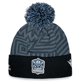 A gray and blue polyester Glasgow Warriors Beanie 23/24 with a pom-pom, featuring a geometric pattern and the Macron logo on the cuff.