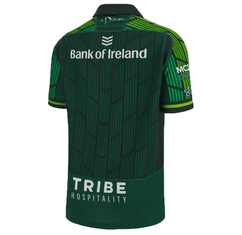 The Connacht 23/24 Home Jersey by Macron, a green sports jersey adorned with geometric patterns and made from eco-friendly fabric, prominently displays the Bank of Ireland logo at the top and "TRIBE HOSPITALITY" at the bottom as it proudly represents Connacht Rugby.