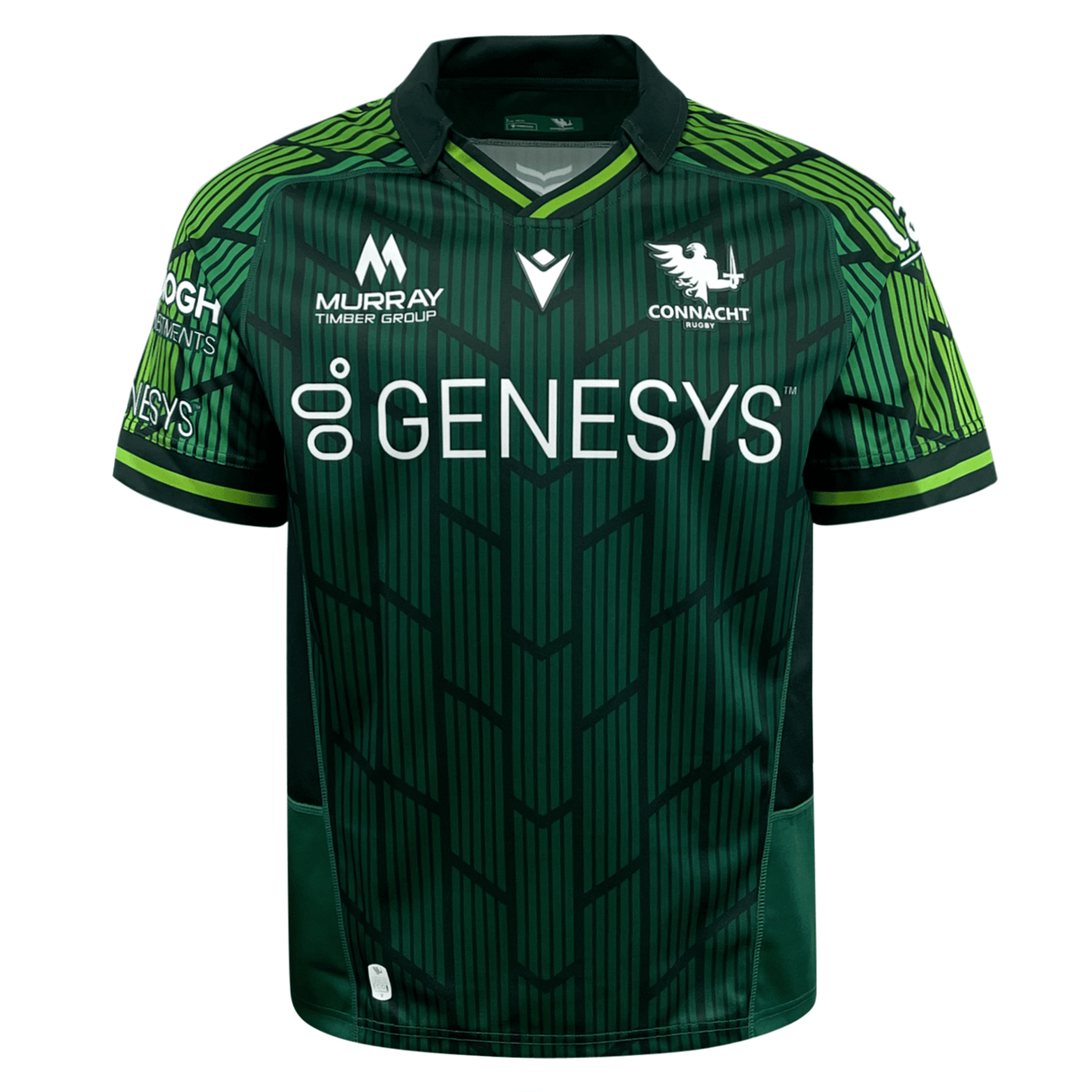 The Connacht 23/24 Home Jersey by Macron is made from Eco fabric and showcases black geometric patterns, sponsor logos, along with a prominent white lion emblem on the chest.