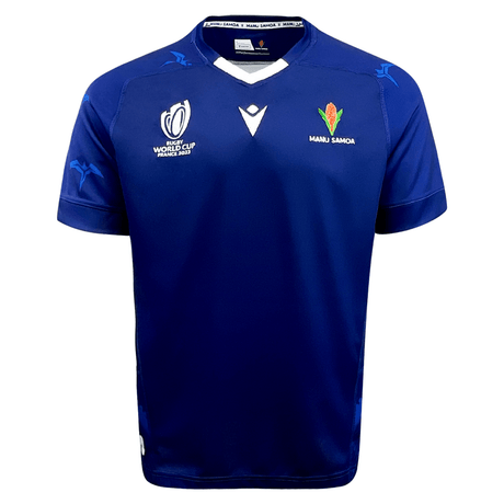 A Samoa RWC23 Home Jersey by Macron, featuring the Ireland logo, is the perfect addition to any rugby fan's collection.