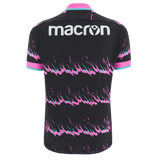 Rear view of a black Barbarians 23/24 Training Jersey by Macron with pink and white diagonal pattern, displaying the Macron logo at the top.