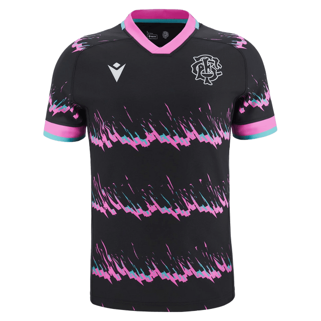 Barbarians 23/24 Training Jersey by Macron with pink and white abstract patterns and a logo on the left chest.