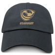 The USA Rugby Bronze Cotton Twill Dad Cap by EMB Alpha Broder features a stylized eagle above the text "USARUGBY," embroidered in gold on its black front, showcasing an elegant design.