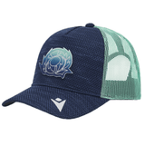 Scotland Trucker Cap 24/25 by Macron in blue and green, featuring a lotus flower logo on the front and a small triangular logo on the brim.