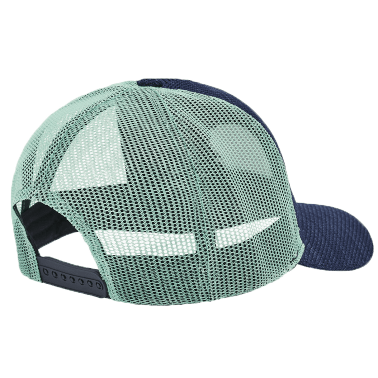 The Scotland Trucker Cap 24/25 by Macron, featuring a blue and green mesh design, is shown from the back to highlight its adjustable snapback closure—an ideal addition for any Scotland Rugby supporter.