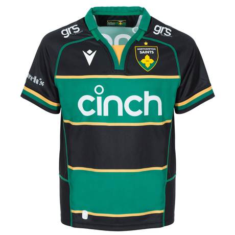 Northampton Saints 24/25 Home Jersey by Macron is a black and green rugby jersey with yellow accents, showcasing the Northampton Saints logo along with the "cinch" sponsor logo on the front. This home jersey is perfect for fans eager to display their team pride.