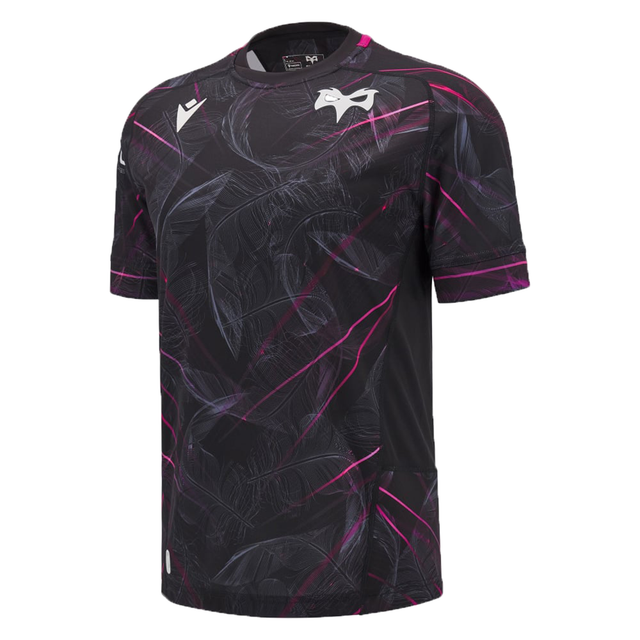 The Ospreys Rugby 24/25 Poly Cotton T-Shirt by Macron is a black sports jersey designed with an abstract purple and white pattern. The jersey prominently displays the Ospreys Rugby logo on the chest and left shoulder, symbolizing its collaboration with Macron.