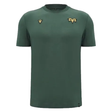 Introducing the Ospreys Rugby 24/25 Poly Cotton T-Shirt by Macron, crafted from a durable poly cotton blend and showcasing a minimalist green design with two embroidered Ospreys Rugby logos on the chest.