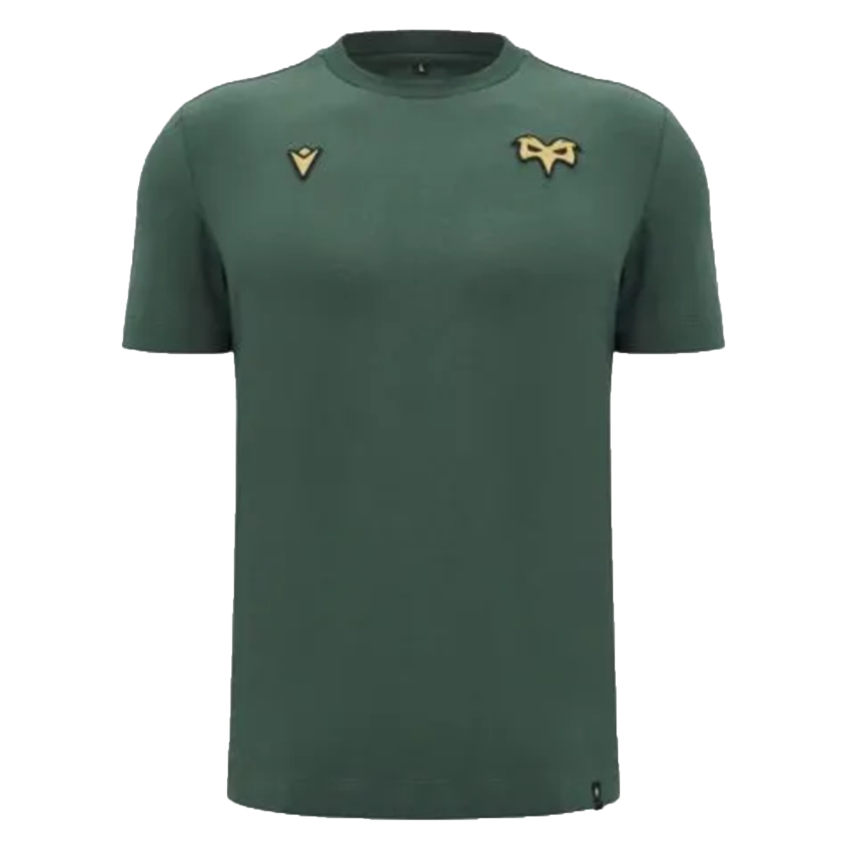 Introducing the Ospreys Rugby 24/25 Poly Cotton T-Shirt by Macron, crafted from a durable poly cotton blend and showcasing a minimalist green design with two embroidered Ospreys Rugby logos on the chest.