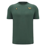 Introducing the Ospreys Rugby 24/25 Poly Cotton T-Shirt by Macron, crafted from a durable poly cotton blend and showcasing a minimalist green design with two embroidered Ospreys Rugby logos on the chest.