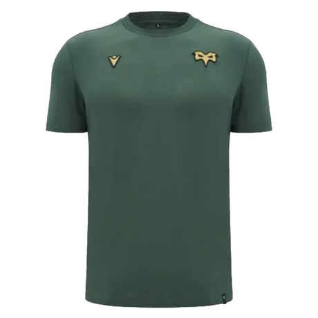 Introducing the Ospreys Rugby 24/25 Poly Cotton T-Shirt by Macron, crafted from a durable poly cotton blend and showcasing a minimalist green design with two embroidered Ospreys Rugby logos on the chest.