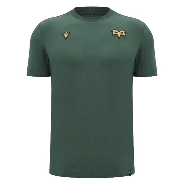 Introducing the Ospreys Rugby 24/25 Poly Cotton T-Shirt by Macron, crafted from a durable poly cotton blend and showcasing a minimalist green design with two embroidered Ospreys Rugby logos on the chest.