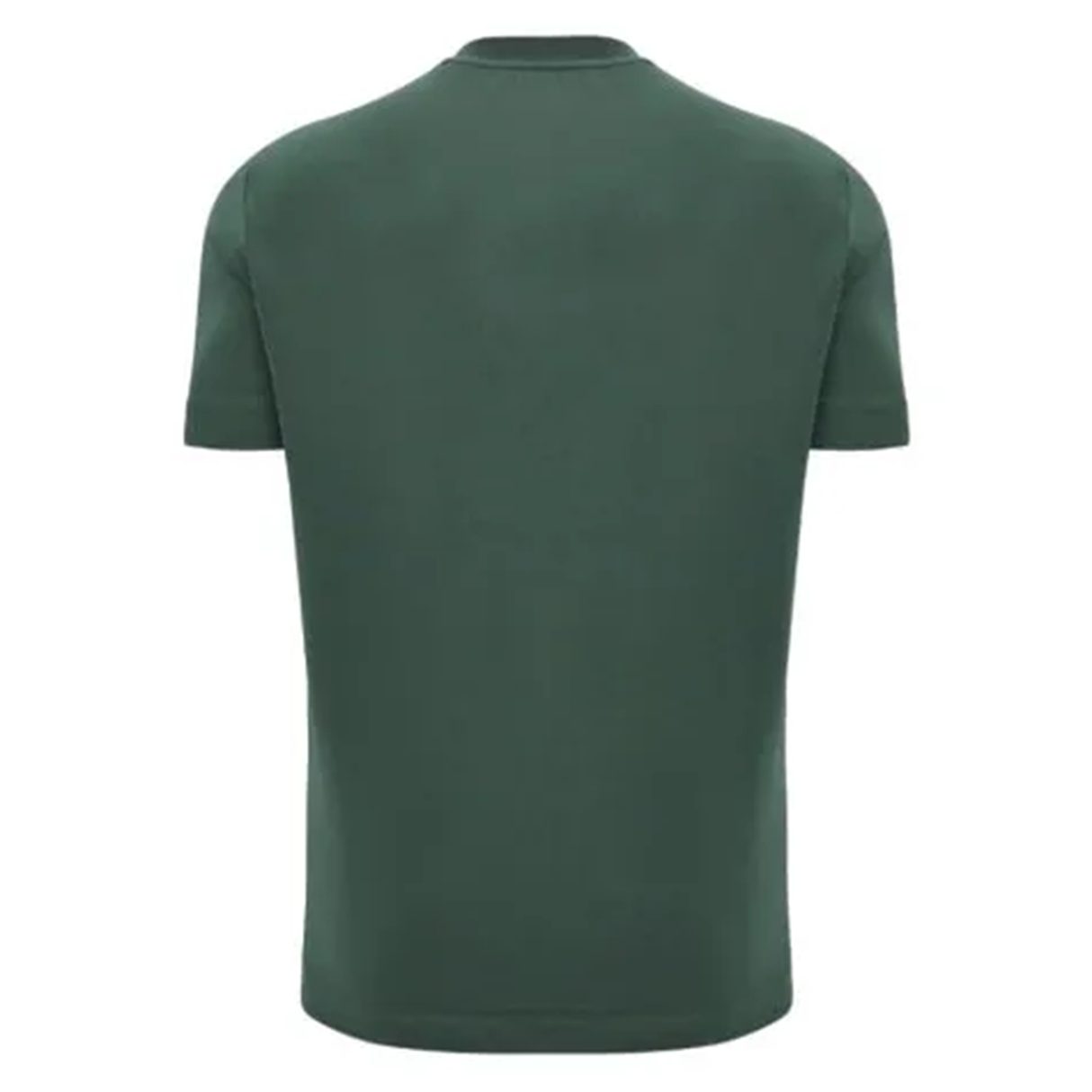 A dark green Ospreys Rugby 24/25 Poly Cotton T-Shirt by Macron, reminiscent of timeless travel essentials, is shown from the back.