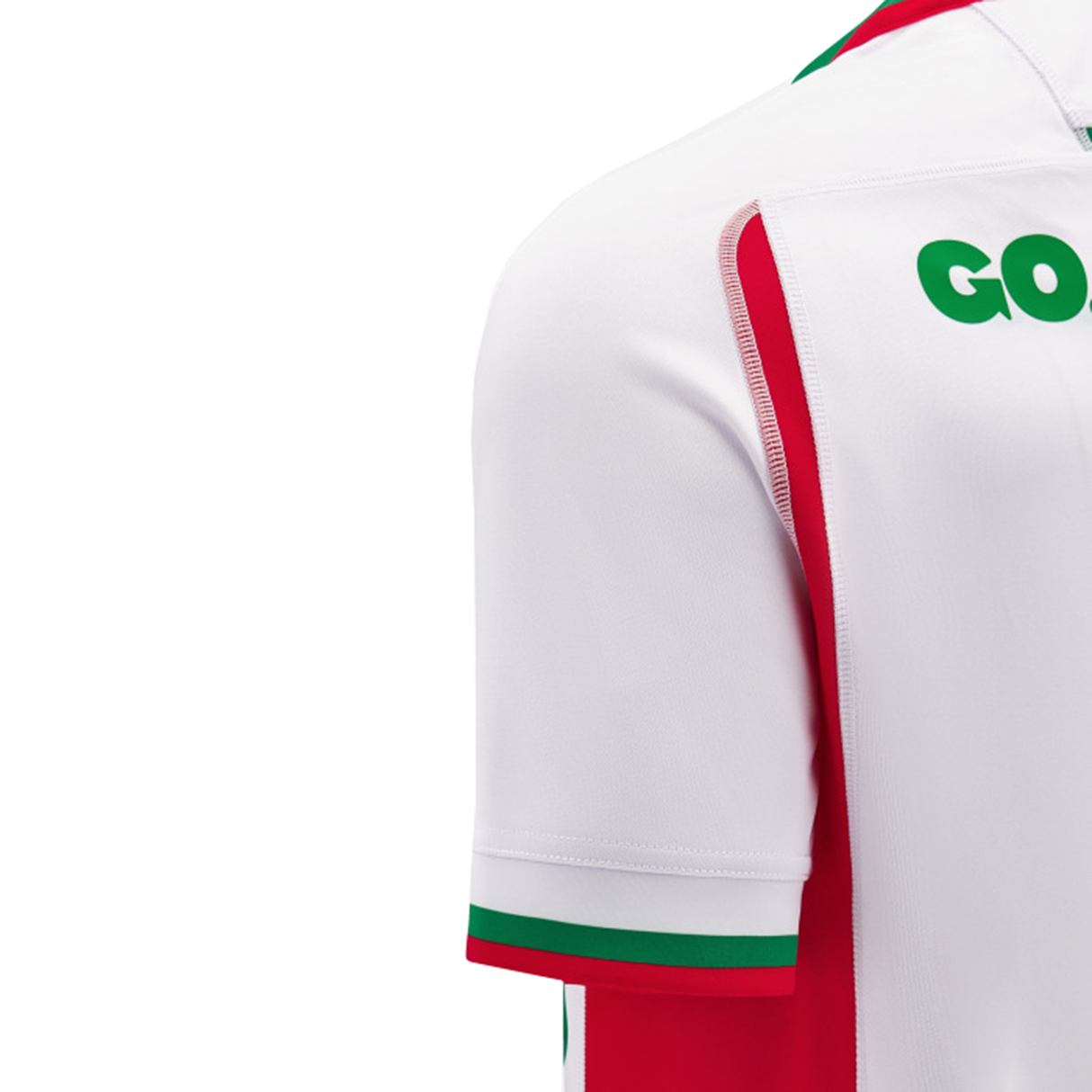 Zoomed-in view of the Wales 24/25 Replica Away Jersey by Macron, showcasing a white base with red side panels and green sleeve accents. The partial lettering "GO" is prominent on the back, embodying the essence of Wales Rugby.