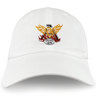 The Atlanta Old White Rugby Adult Low-Profile Cotton Twill Dad Cap by EMB Alpha Broder is a stylish accessory, featuring an embroidered yellow and red winged emblem with "Divros 1979" text in the center.