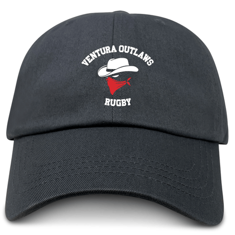 Introducing the Ventura Outlaws Rugby Adult Low-Profile Cotton Twill Dad Cap from EMB Alpha Broder—crafted from durable cotton twill for added comfort, this stylish black dad cap features the "Ventura Outlaws Rugby" logo with a distinctive white hat and red bandana.