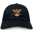 Introducing the Atlanta Old White Rugby Adult Low-Profile Cotton Twill Dad Cap from EMB Alpha Broder. This cap is crafted from cotton twill and features an embroidered design of a yellow and red phoenix above a gray stone inscribed with "OWNED 1979.