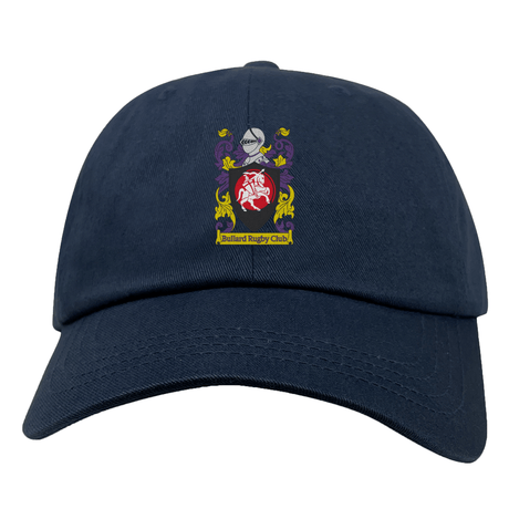 A Bullard Rugby Adult Low-Profile Cotton Twill Dad Cap by EMB Alpha Broder in navy, featuring the Bullard Rugby Club crest with a helmet and an embroidered lion emblem on a shield.