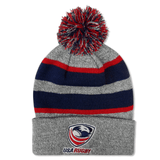 A gray knit beanie featuring red and blue stripes is topped with a playful pom-pom, showcasing a "USA Rugby" logo on the cuff, making it an ideal choice for any fan of the USA Rugby Fan Stocking Stuffers 3-Pack by Fast Bundle.