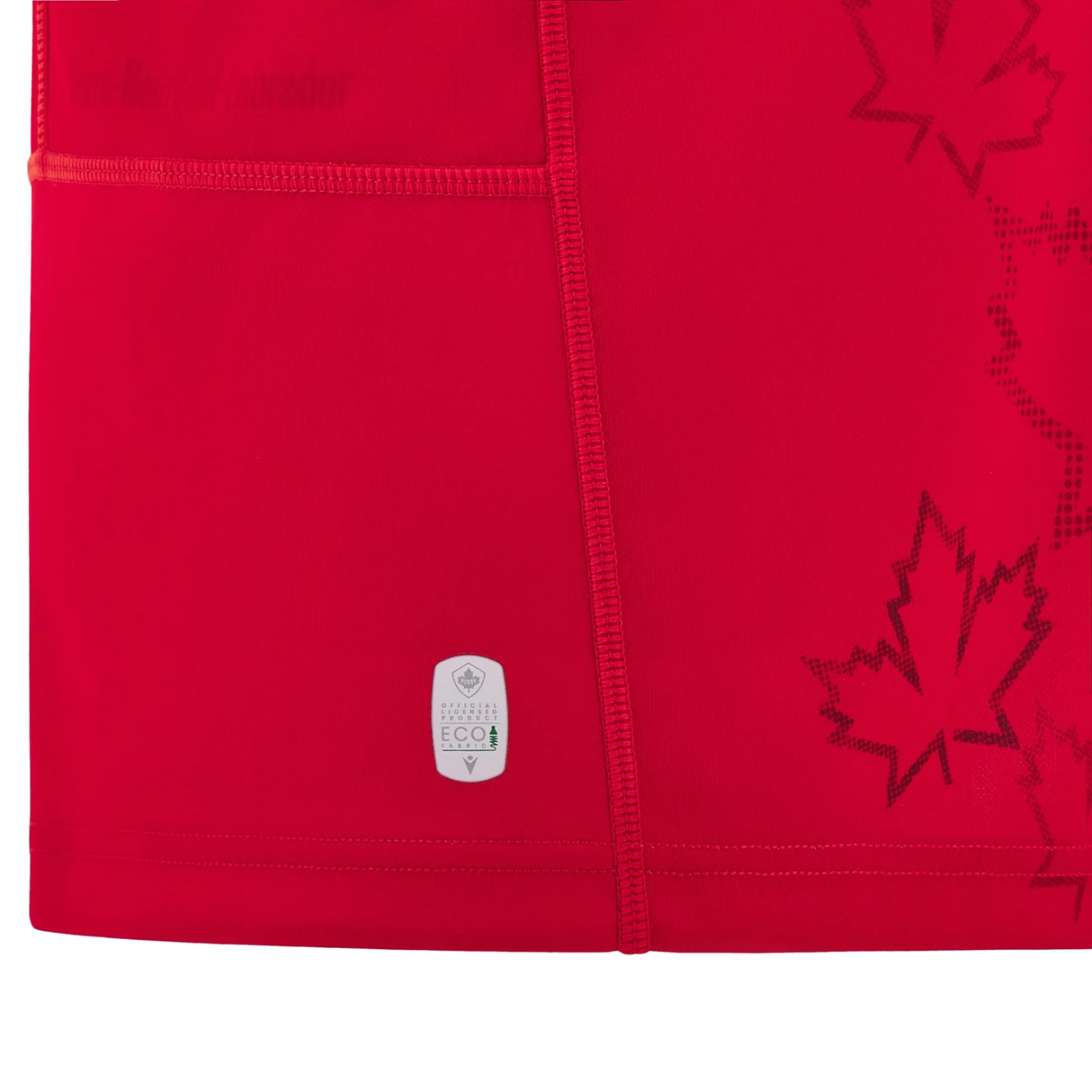 Featuring a close-up of the Canada 24/25 Home Jersey by Macron, this design highlights vivid maple leaf patterns and includes an "ECO" label near the hem, making it perfect for both fans and collectors.