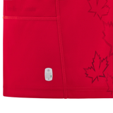 Featuring a close-up of the Canada 24/25 Home Jersey by Macron, this design highlights vivid maple leaf patterns and includes an "ECO" label near the hem, making it perfect for both fans and collectors.