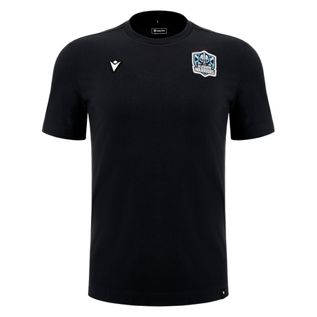 The Glasgow Warriors 24/25 Anthem Travel Cotton T-Shirt by Macron features a black design with the team's logo and a white symbol on the chest, complete with short sleeves and a round neckline.