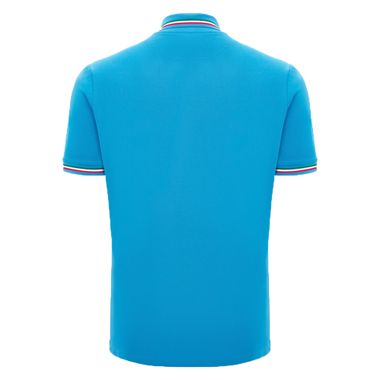 The back view of this Italy 24/25 Travel Polo by Macron showcases a brilliant blue hue with short sleeves. Designed by Macron, it features subtle striped accents in red, white, and blue along the collar and sleeve edges for a touch of sporty elegance.