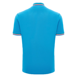 The back view of this Italy 24/25 Travel Polo by Macron showcases a brilliant blue hue with short sleeves. Designed by Macron, it features subtle striped accents in red, white, and blue along the collar and sleeve edges for a touch of sporty elegance.