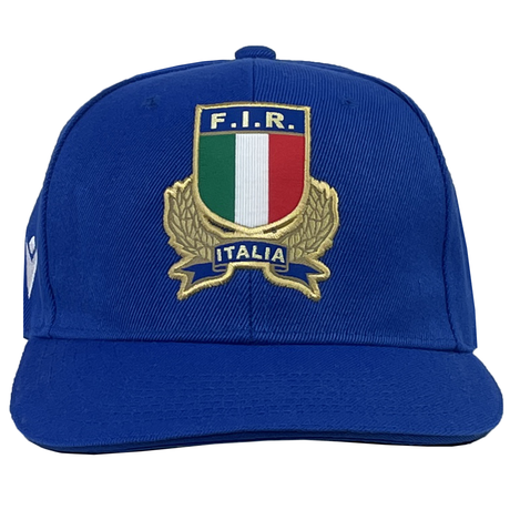 The Italy Baseball Cap 24/25 by Macron features the F.I.R. Italia logo, highlighted with a tricolor shield and gold wreath. Designed by Macron for both style and comfort, it should be gently hand washed to preserve its vibrant colors and distinctive details.