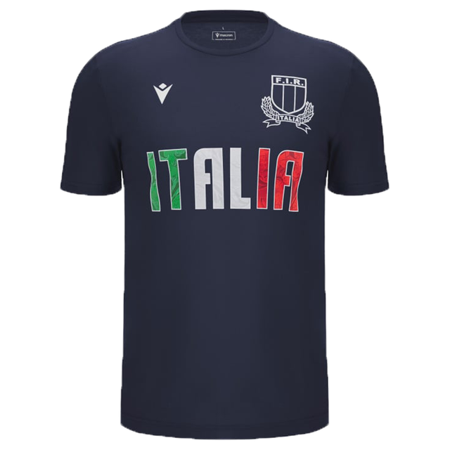 The Italy 24/25 Hero Cotton T-Shirt by Macron is a stylish navy blue tee that showcases the word "ITALIA" in green, white, and red on the front, along with an emblem and a small logo. Part of the Macron collection, it offers comfort and style for any fan.