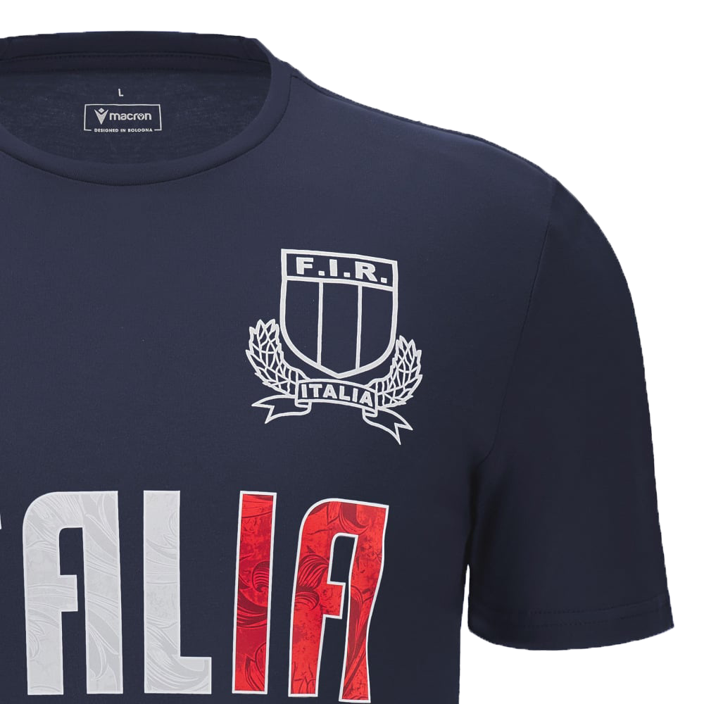 Italy 24/25 Hero Cotton T-Shirt by Macron in navy blue, featuring the F.I.R. logo with a shield and laurel, and "ITALIA" text in red and white.