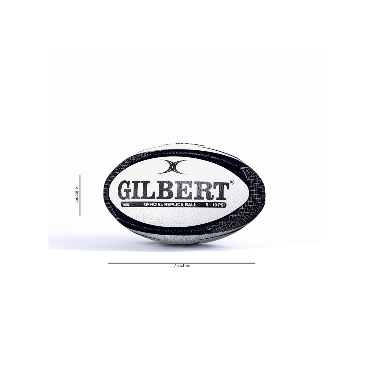 A All Blacks Mini Ball by Gilbert with prominent branding, centered and displayed against a white background with measurement markings.