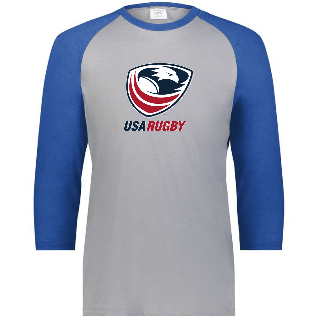 Light grey, raglan tee with royal blue, 3/4 sleeves and collar and a USAR logo center front.