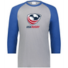 Light grey, raglan tee with royal blue, 3/4 sleeves and collar and a USAR logo center front.