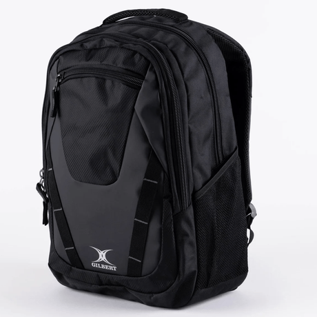 A black and gray Club V4 Rucksack Rugby Backpack by Gilbert featuring a front zipper pocket, side mesh pockets, and a multi-pocket design. The brand logo "GILBERT" is prominently displayed on the lower front pocket, highlighting its connection to Gilbert Rugby.