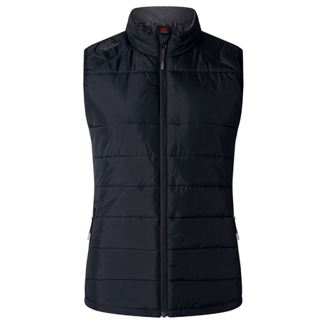 The Women's Canterbury Elite Microlite Gilet is a black quilted sleeveless vest with insulated baffles, a high collar, and a front zipper for optimal temperature regulation.