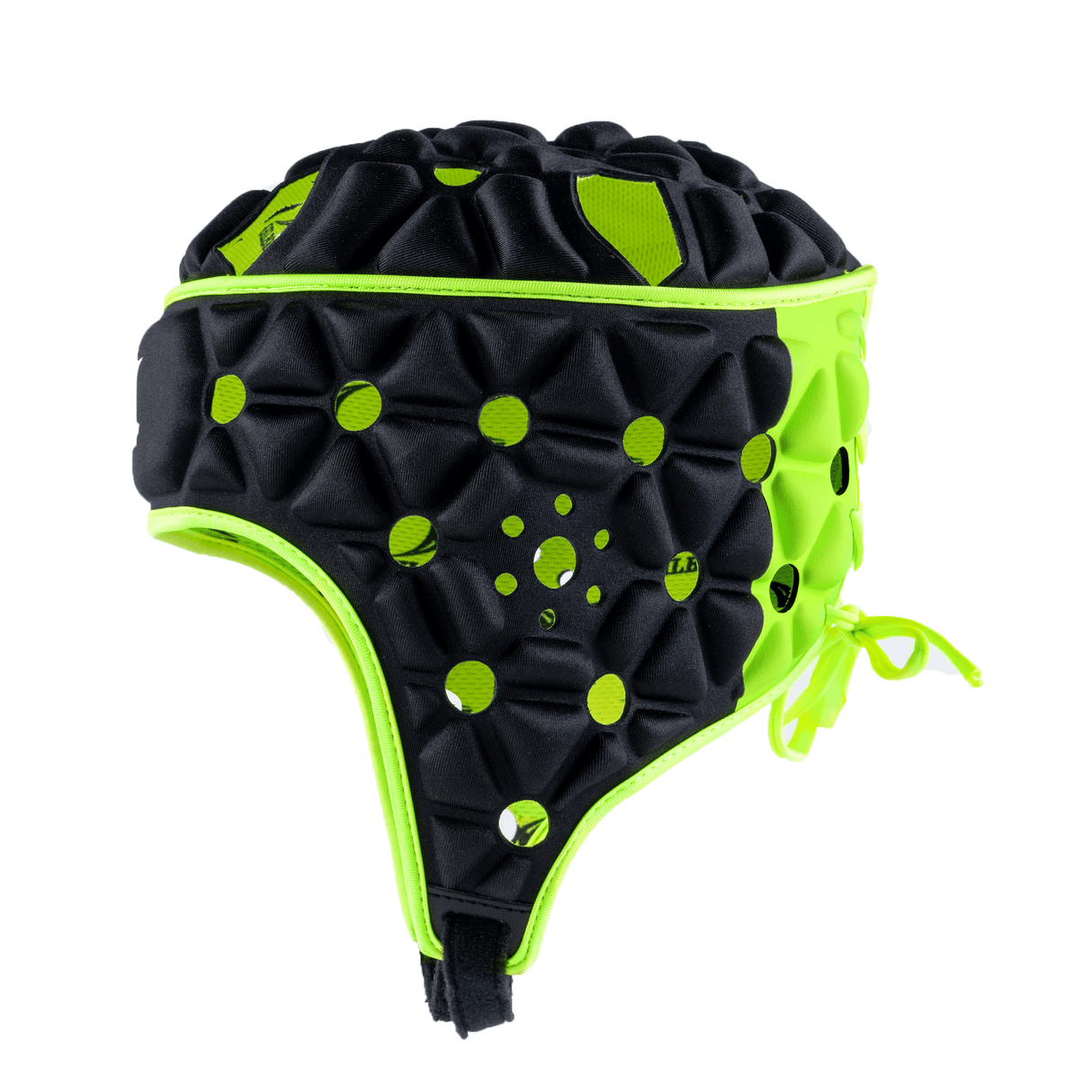 The Gilbert Air Headguard, a lightweight protective gear in black and neon yellow from the renowned brand Gilbert, showcases geometric patterns and perforations. It is designed with a chin strap to ensure advanced shock absorption.