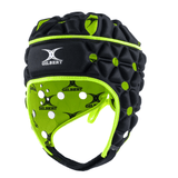 Introducing the Gilbert Air Headguard, a lightweight, padded rugby headguard in black and neon green. This advanced design features excellent shock absorption, an adjustable strap for a secure fit, and ventilation holes for added comfort. The iconic "Gilbert" brand name is prominently printed on it.