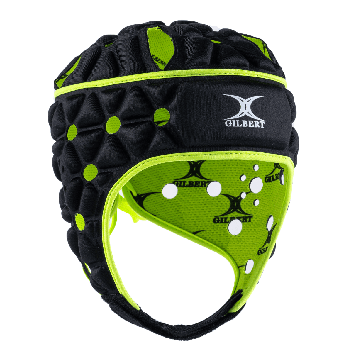 The Gilbert Air Headguard, a black and neon green rugby scrum cap by Gilbert, features advanced shock absorption, protective padding, and a secure strap closure under the chin.