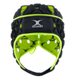 The Gilbert Air Headguard, a black and neon green padded rugby scrum cap, features the brand name "Gilbert" prominently displayed on the front.