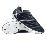 A pair of black and white Gilbert Sidestep X20 6S Power SG cleats, with one shoe resting on top of the other, showcasing the studded sole and sleek design ideal for rugby players.