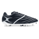 The Gilbert Sidestep X20 6S Power SG - Black/White soccer cleat features metal studs on the sole for traction, making it perfect for rugby players needing reliable soft ground boots.