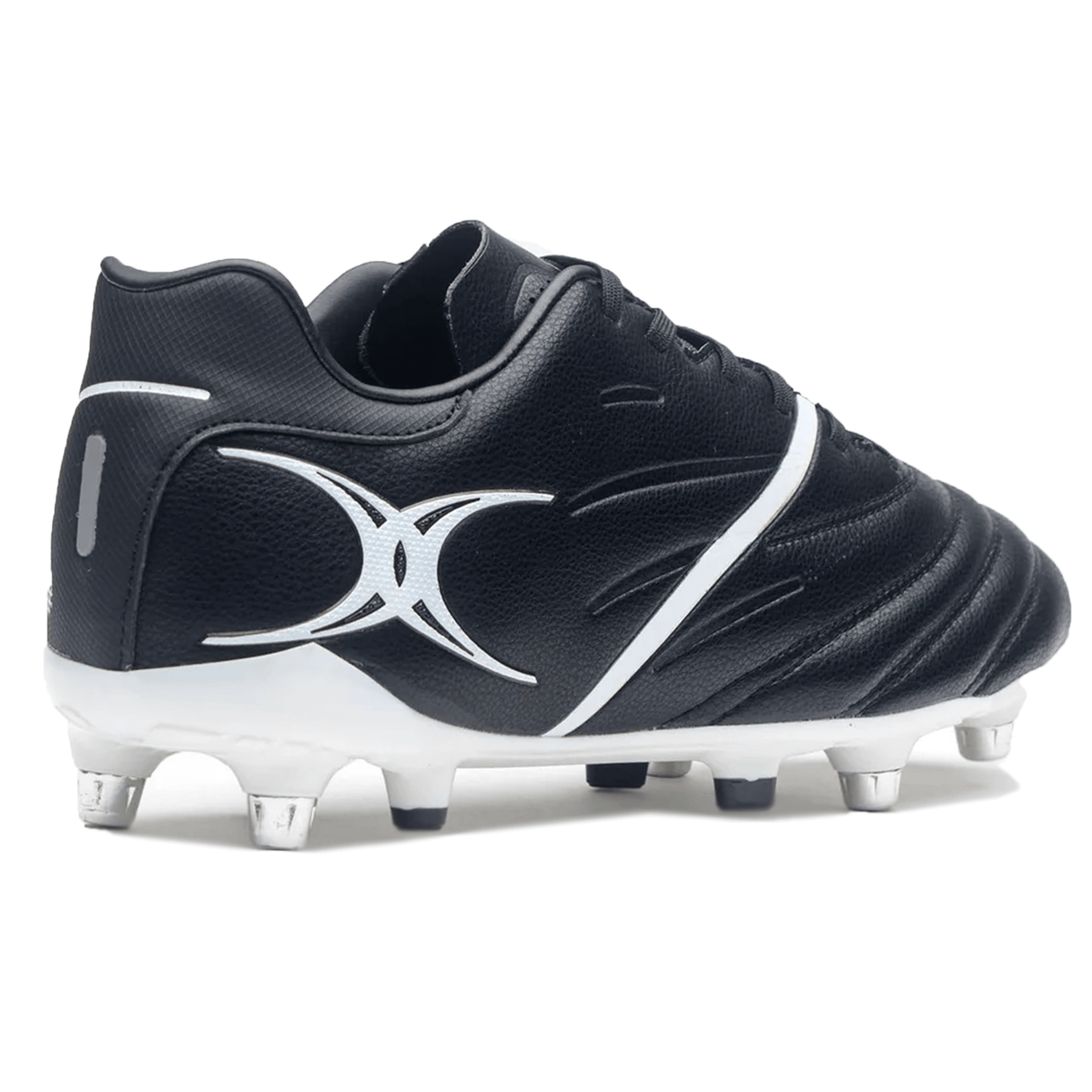 The Gilbert Sidestep X20 6S Power SG - Black/White soccer cleats with metal studs for traction are perfect soft ground boots designed for both soccer and rugby players.