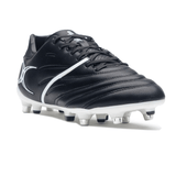 A black Gilbert Sidestep X20 6S Power SG soccer cleat with white details and studs on a white background, perfect for rugby players seeking soft ground boots.