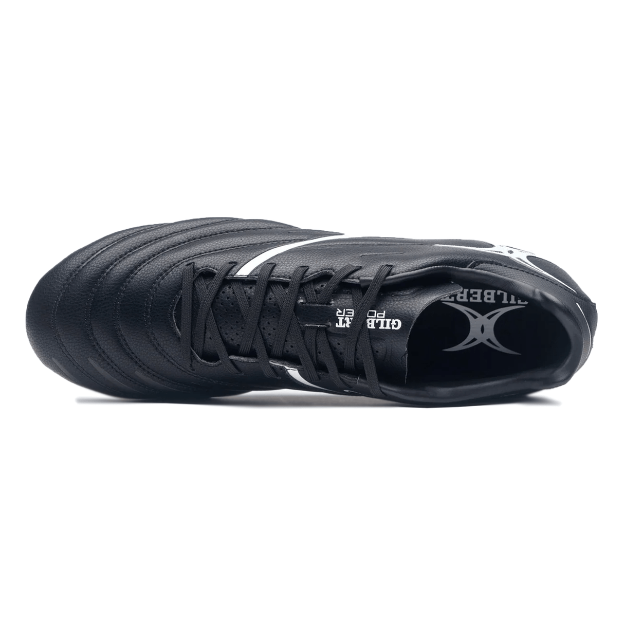 Top view of a single black and white athletic shoe, featuring the Gilbert Sidestep X20 6S Power SG branding and logo on the tongue and inside.