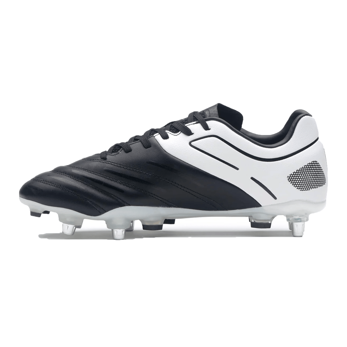 The Gilbert Icon 6S SG - Black soccer cleat, reminiscent of traditional rugby boots, combines synthetic and leather materials. It features clear studs for optimal performance on soft ground and a secure lace-up design.